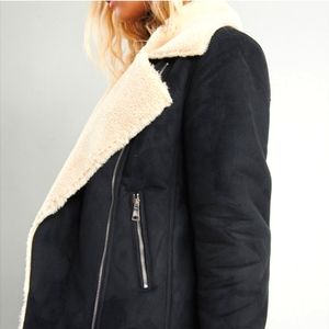 Medium Black/Cream Aviator Jacket, Faux Sherpa Trim/Liner, Garage